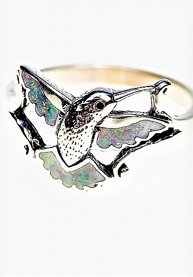 Damenring, Silber, weier Zuchtopal, Hummingbird, Southwest Art, US-Gr. 8; 8,5;  9