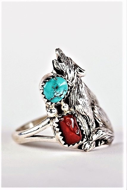 Ring, Silber, Trkis*-Koralle, Singing Wolf, Navajo Art, US Gr. 8; 8,5; 9