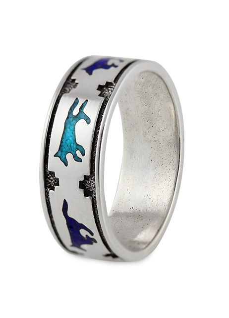 Ring, Trkis*-Lapislazuli, Running Wolves, Southwest Art, US-Gr. 9