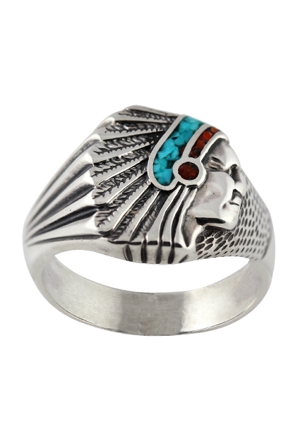 Ring, Silber, Trkis*-Koralle, Chief Head, Southwest Art, US-Gr. 5; 6; 7; 9; 11; 12; 13