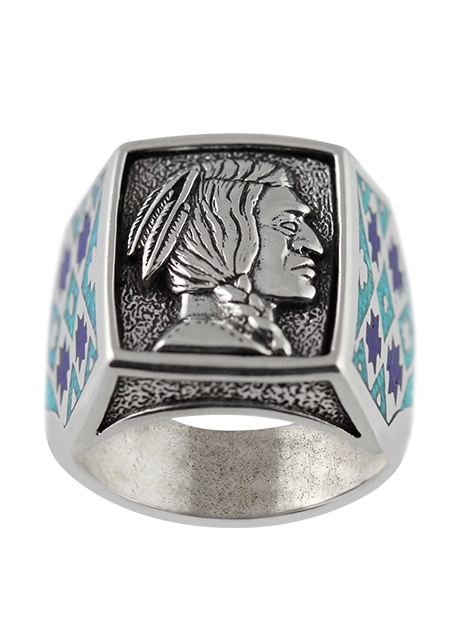 Ring, Silber, Trkis*-Lapislazuli, Indian Head, Southwest Art, US-Gr. 7; 8; 9; 10; 11; 12