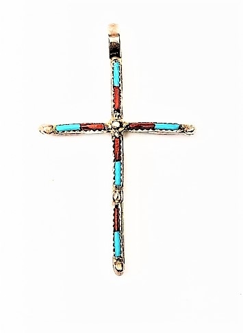 Anhänger, Silber, Türkis*-Koralle, Two Sided Cross, Zuni Needlepoint Art