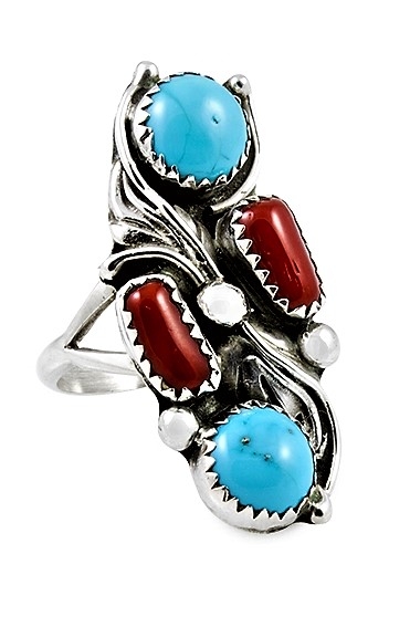 Damen Ring, Silber, Trkis*-Koralle,  Catch Fire, Navajo Art, US Gr. 8 bis 9
