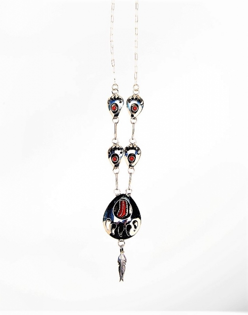 Halskette, Silber, Koralle, Five Hands, Navajo Art, 48 cm