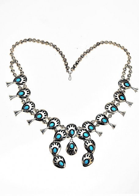Halskette, Silber, Türkis*, Squasch Blossom Naja, Navajo Bear Paw Art, 60 cm