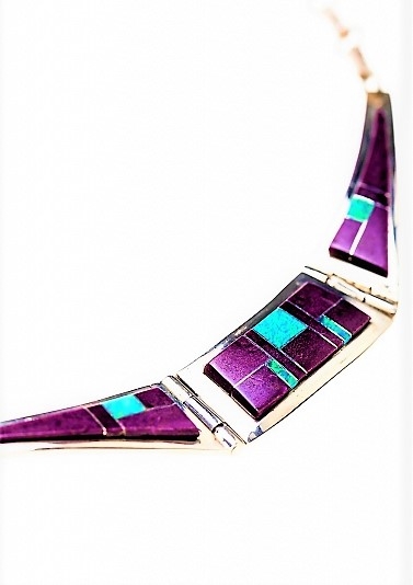 Halskette, Silber, Sugilith-Zuchtopal, Purple Light, Navajo Mosaik Art, 42 cm