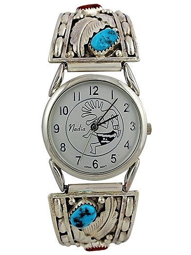 Herren Uhr, Uhrtips Silber, Türkis-Koralle, Leaf Pattern, Navajo Art