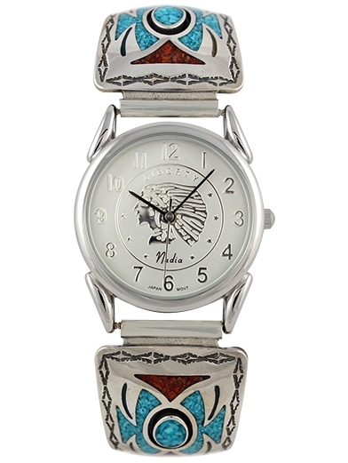 Herren Uhr, Uhrtips Silber, Türkis*-Koralle, Butterfly, Southwest Art