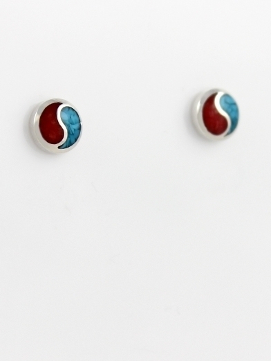 Ohrstecker, Silber, Türkis*-Koralle, Yin Yang Button, Southwest Art