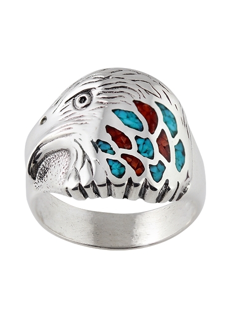 Ring Silber, Türkis*-Koralle, Large Eagle Head, Southwest Art, US-Gr. 5 bis 14