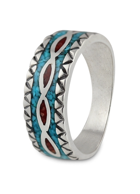 Ring, Silber, Trkis-Koralle, Double Serpent, Southwest Art, US-Gr. 7; 8; 9; 12;