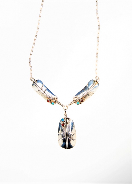 Halskette, Silber, Trkis*-Koralle,  Trimed Feathers, Navajo Art -