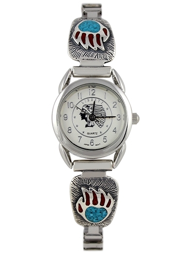 Damenuhr, Uhrtips Silber, Türkis*-Koralle, Bear Paw, Southwest Art