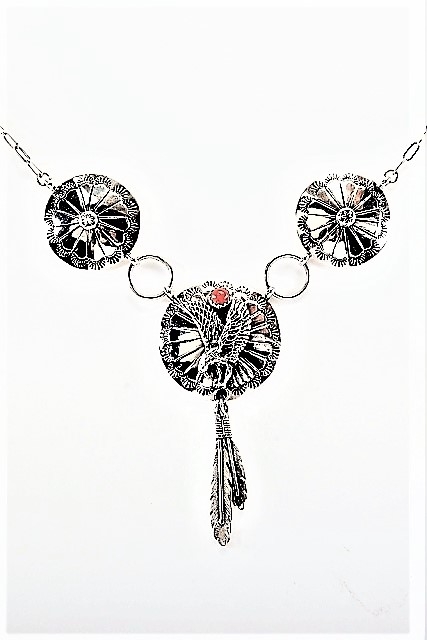 Halskette, Silber, Koralle, Sunshield Eagle, Navajo Art, 45 cm